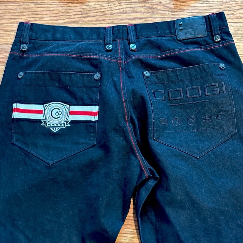 Coogi Mens Black Denim‎ Jeans Red Contrast Stitch Embroidered Logo Streetwear 38